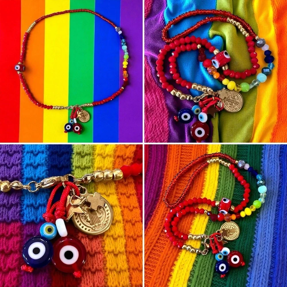Vibrant Red Hand Beaded Rainbow and Evil Eye Protection Necklace 16”